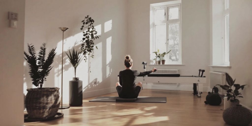 Cvičící osoba na reformeru v Pilates studiu.